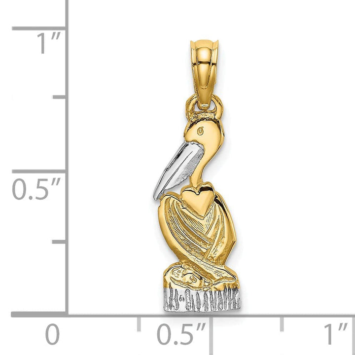 Lovely Rita's Pendants & Charms 14K Yellow Gold, White Rhodium Texture Polished Finish Pelican Standing on Top Dock Piling Charm Pendant