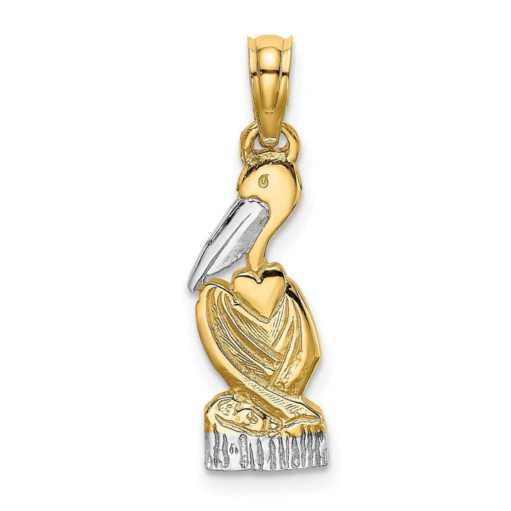 Lovely Rita's Pendants & Charms 14K Yellow Gold, White Rhodium Texture Polished Finish Pelican Standing on Top Dock Piling Charm Pendant