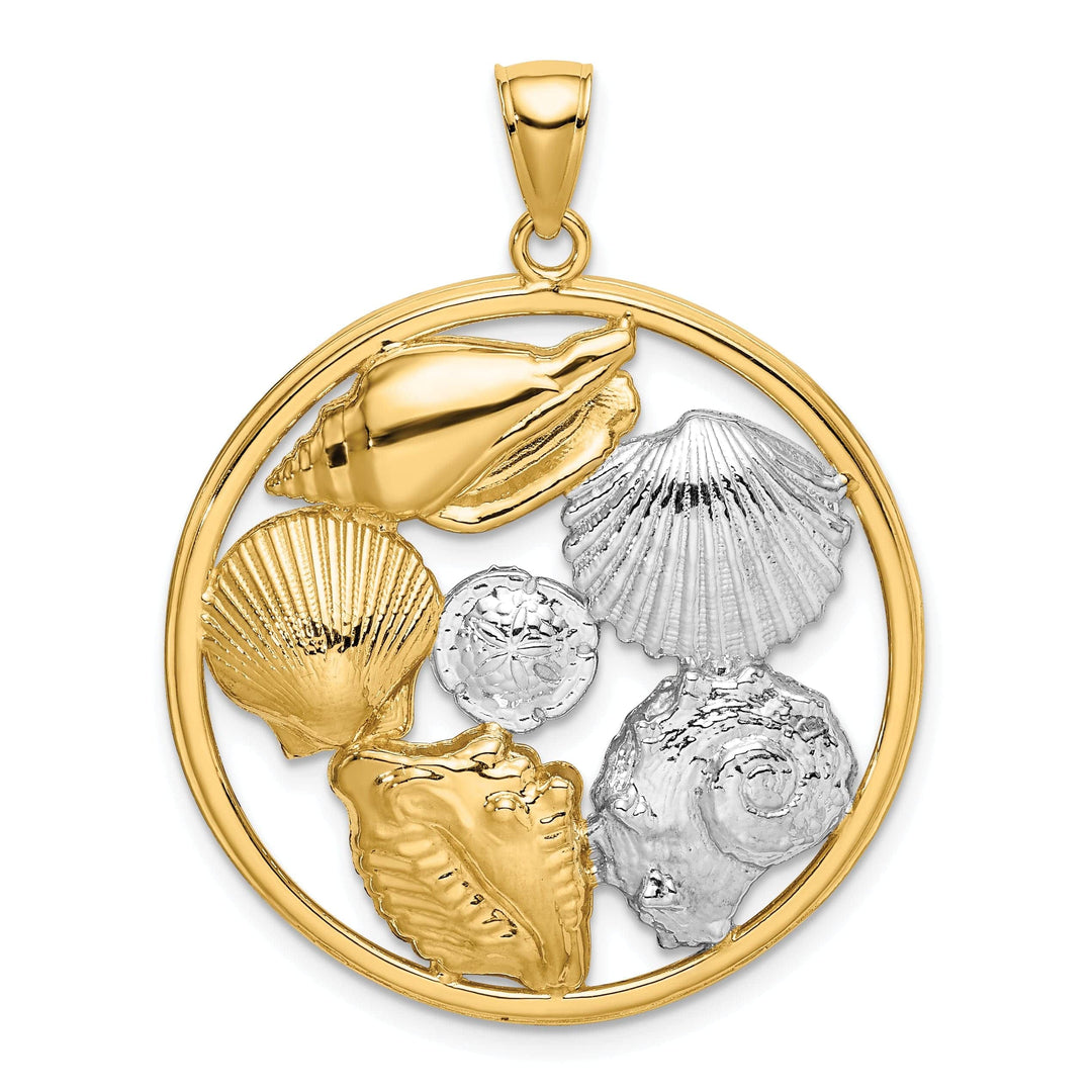 Lovely Rita's Pendants & Charms 14k Yellow Gold White Rhodium Texture Polished Finish Shell Cluster in Circle Design Charm Pendant
