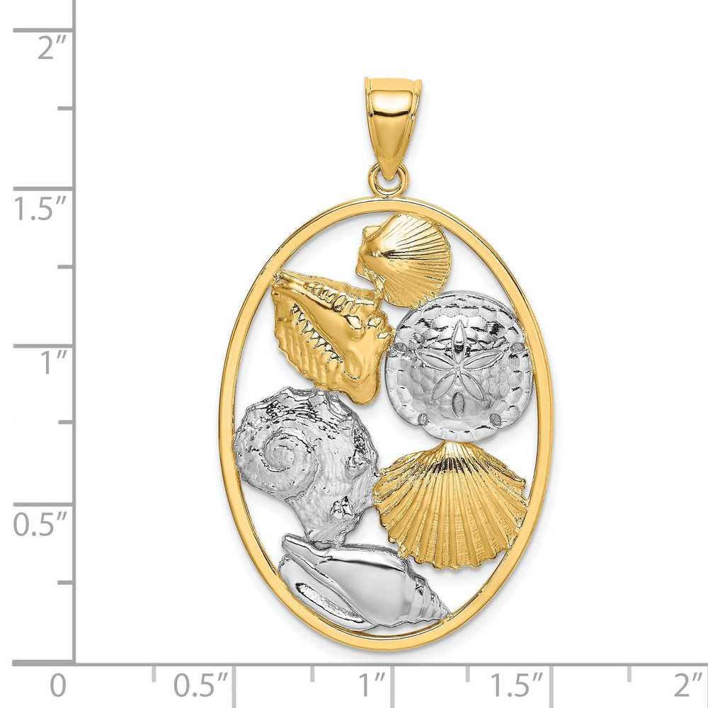 Lovely Rita's Pendants & Charms 14k Yellow Gold White Rhodium Texture Polished Finish Shell Cluster In Oval Frame Design Charm Pendant