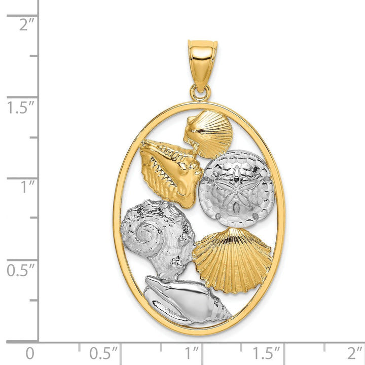 Lovely Rita's Pendants & Charms 14k Yellow Gold White Rhodium Texture Polished Finish Shell Cluster In Oval Frame Design Charm Pendant