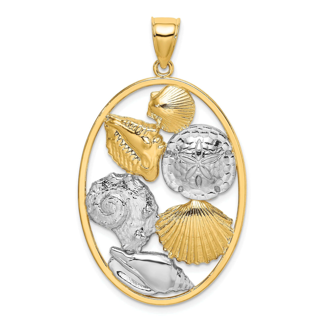 Lovely Rita's Pendants & Charms 14k Yellow Gold White Rhodium Texture Polished Finish Shell Cluster In Oval Frame Design Charm Pendant