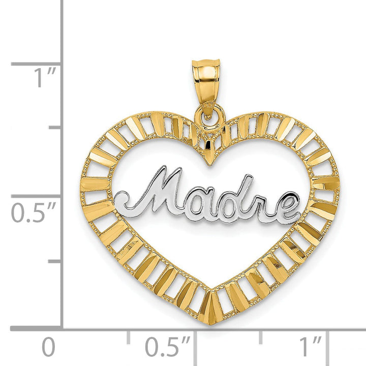 Lovely Rita's Pendants & Charms 14k Yellow Gold, White Rhodium Textured Diamond Cut Polished Finish MADRE in Heart Design Charm Pendant