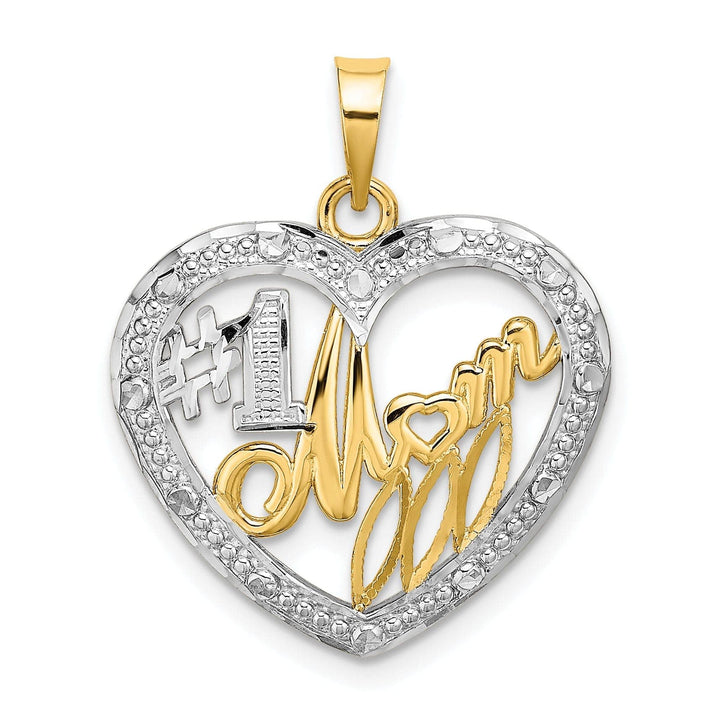 Lovely Rita's Pendants & Charms 14k Yellow Gold, White Rhodium Textured Polished Finish #1 MOM In Heart Design Charm Pendant
