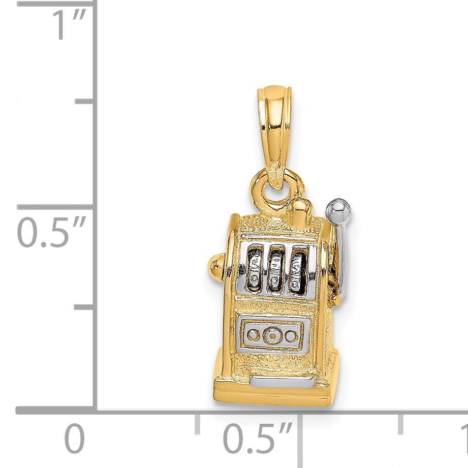 Lovely Rita's Pendants & Charms 14k Yellow Gold White Rhodium Textured Polished Finish 3-Diamentional Moveable Handle Slot Machine Charm Pendant