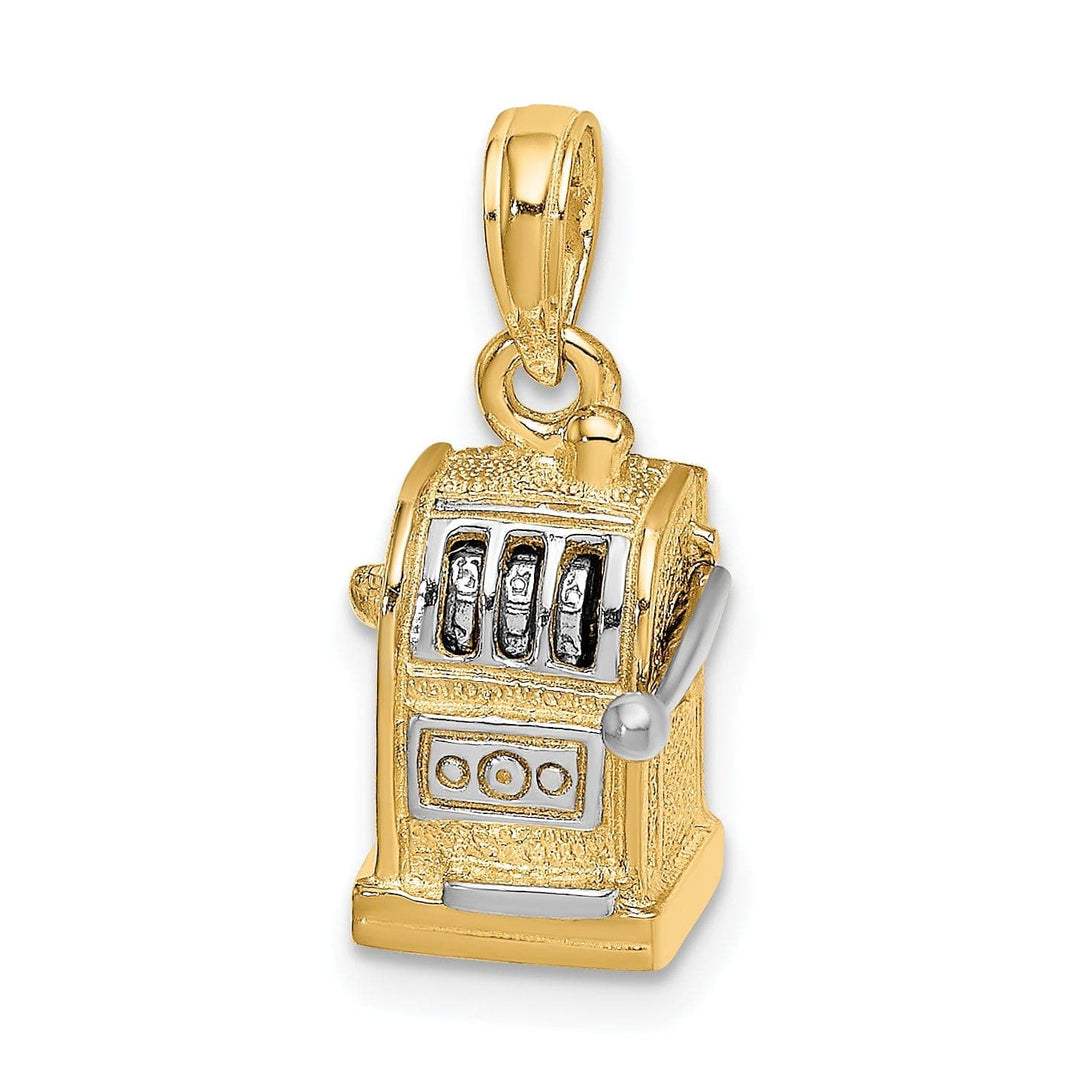 Lovely Rita's Pendants & Charms 14k Yellow Gold White Rhodium Textured Polished Finish 3-Diamentional Moveable Handle Slot Machine Charm Pendant