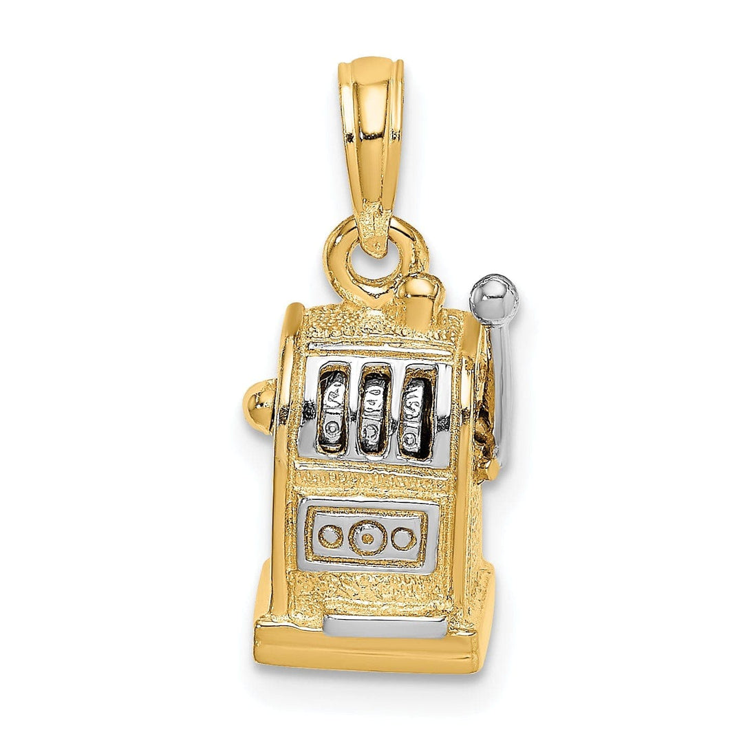 Lovely Rita's Pendants & Charms 14k Yellow Gold White Rhodium Textured Polished Finish 3-Diamentional Moveable Handle Slot Machine Charm Pendant