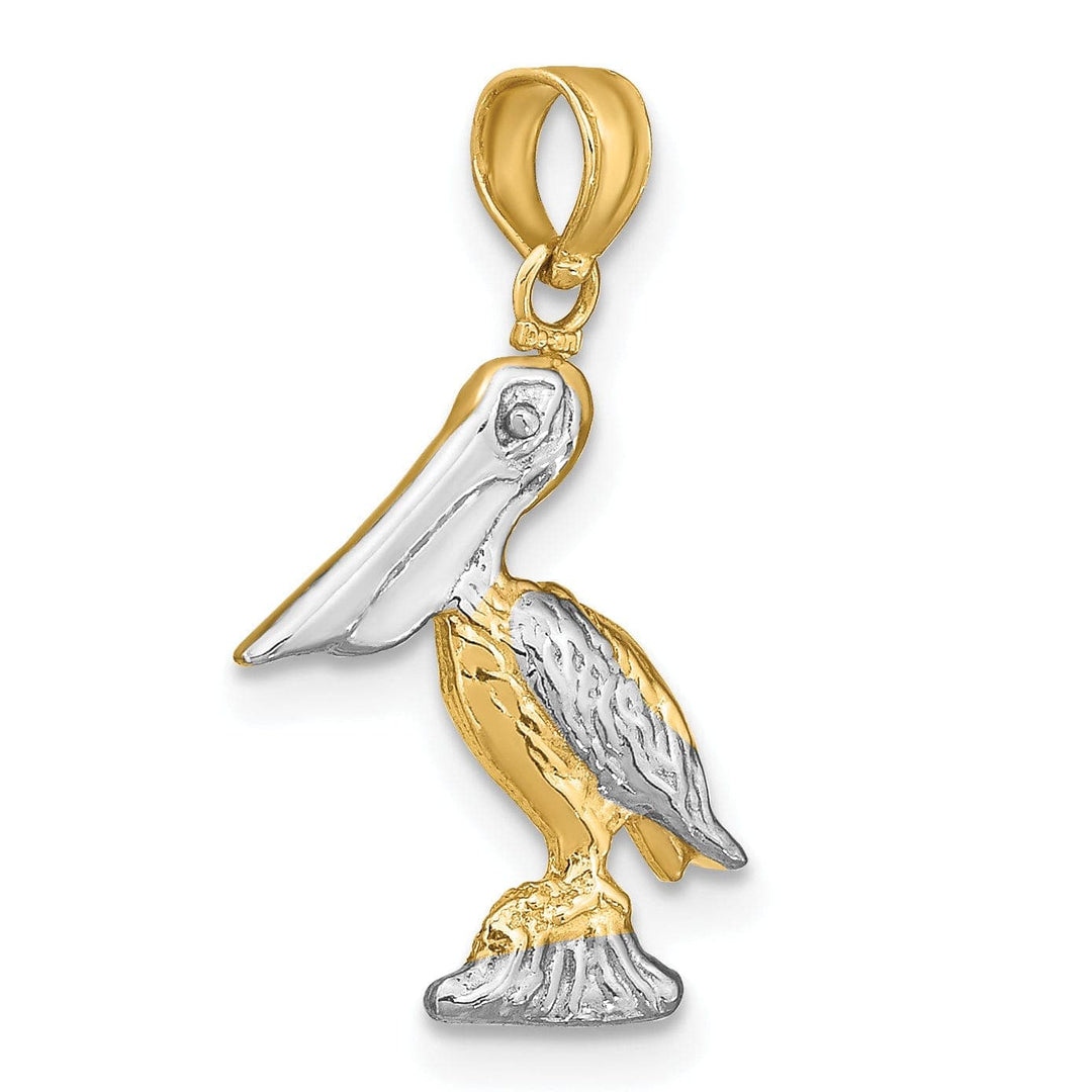 Lovely Rita's Pendants & Charms 14K Yellow Gold White Rhodium Textured Polished Finish 3-Dimensional Pelican Standing on Piling Charm Pendant