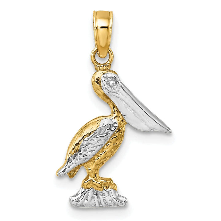Lovely Rita's Pendants & Charms 14K Yellow Gold White Rhodium Textured Polished Finish 3-Dimensional Pelican Standing on Piling Charm Pendant