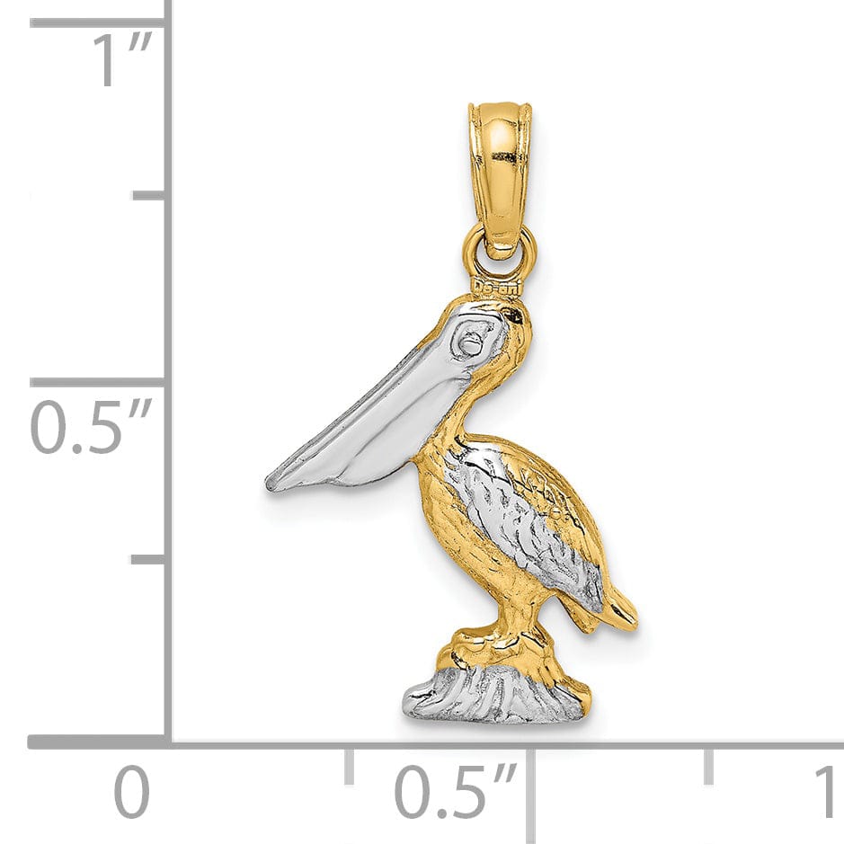Lovely Rita's Pendants & Charms 14K Yellow Gold White Rhodium Textured Polished Finish 3-Dimensional Pelican Standing on Piling Charm Pendant