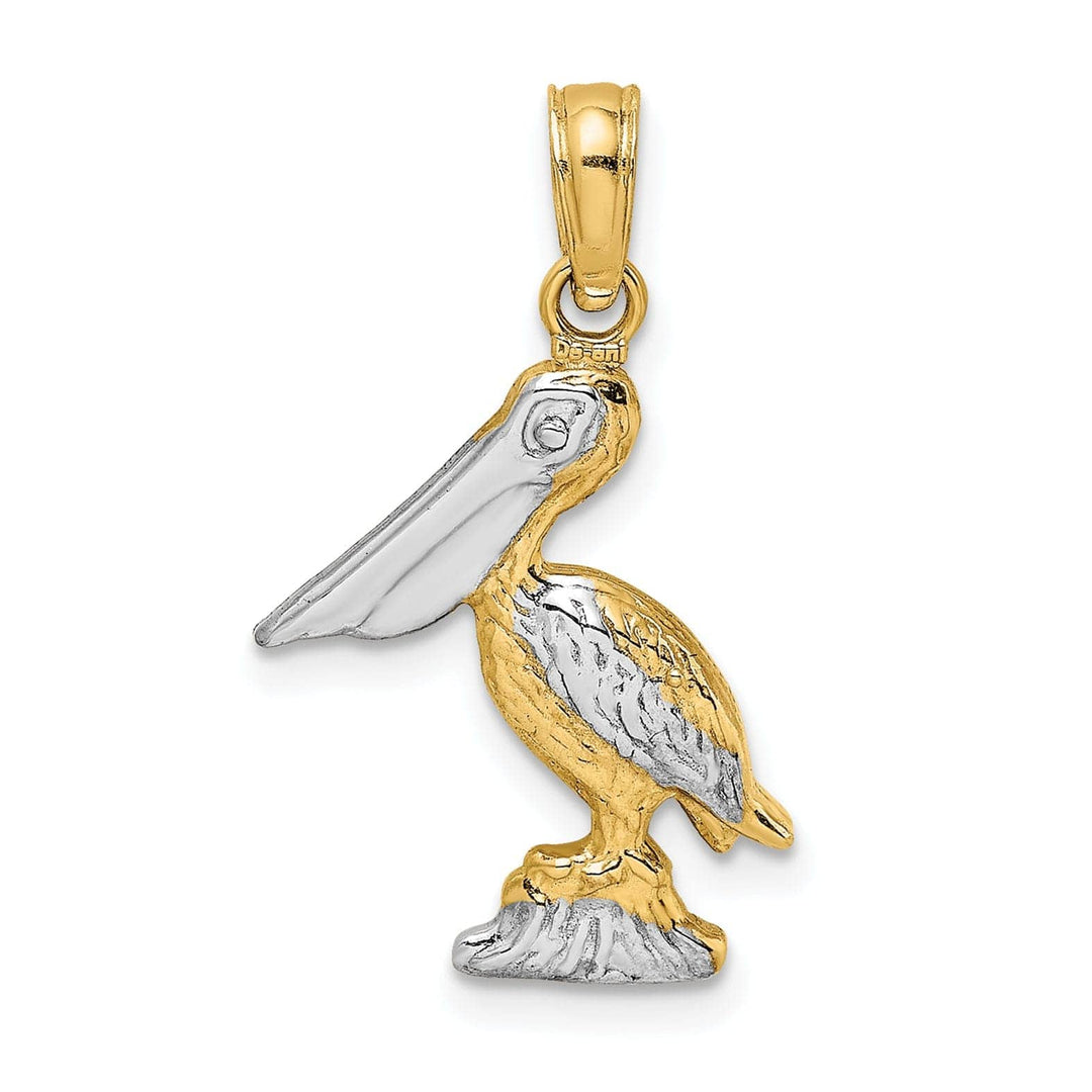 Lovely Rita's Pendants & Charms 14K Yellow Gold White Rhodium Textured Polished Finish 3-Dimensional Pelican Standing on Piling Charm Pendant
