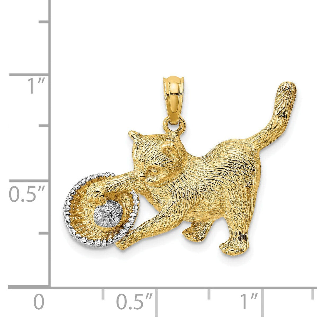 Lovely Rita's Pendants & Charms 14k Yellow Gold White Rhodium Textured Polished Finish Cat Playing with Yarn in Basket Design Charm Pendant