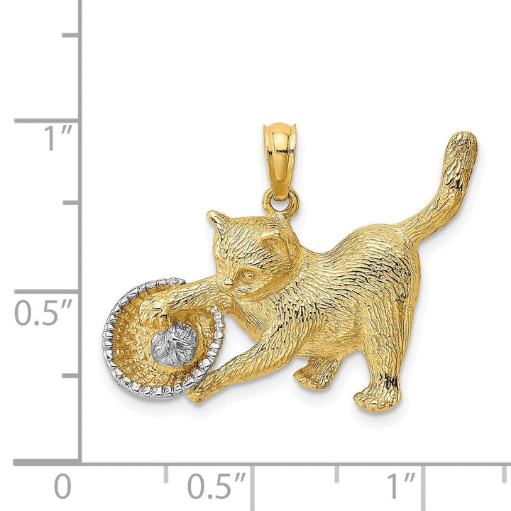 Lovely Rita's Pendants & Charms 14k Yellow Gold White Rhodium Textured Polished Finish Cat Playing with Yarn in Basket Design Charm Pendant