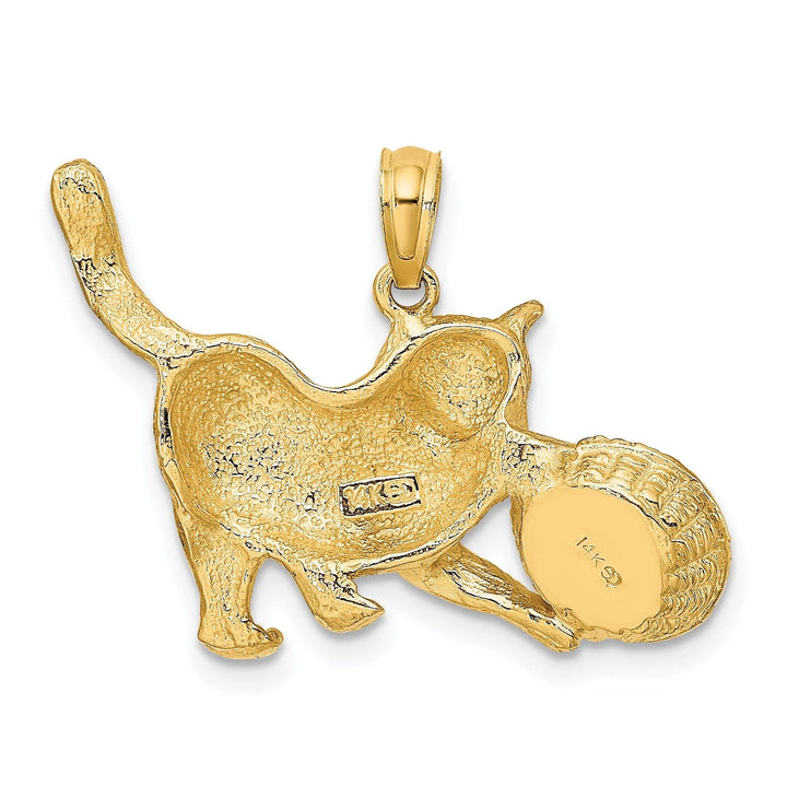 Lovely Rita's Pendants & Charms 14k Yellow Gold White Rhodium Textured Polished Finish Cat Playing with Yarn in Basket Design Charm Pendant
