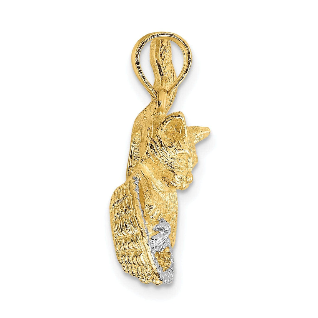 Lovely Rita's Pendants & Charms 14k Yellow Gold White Rhodium Textured Polished Finish Cat Playing with Yarn in Basket Design Charm Pendant