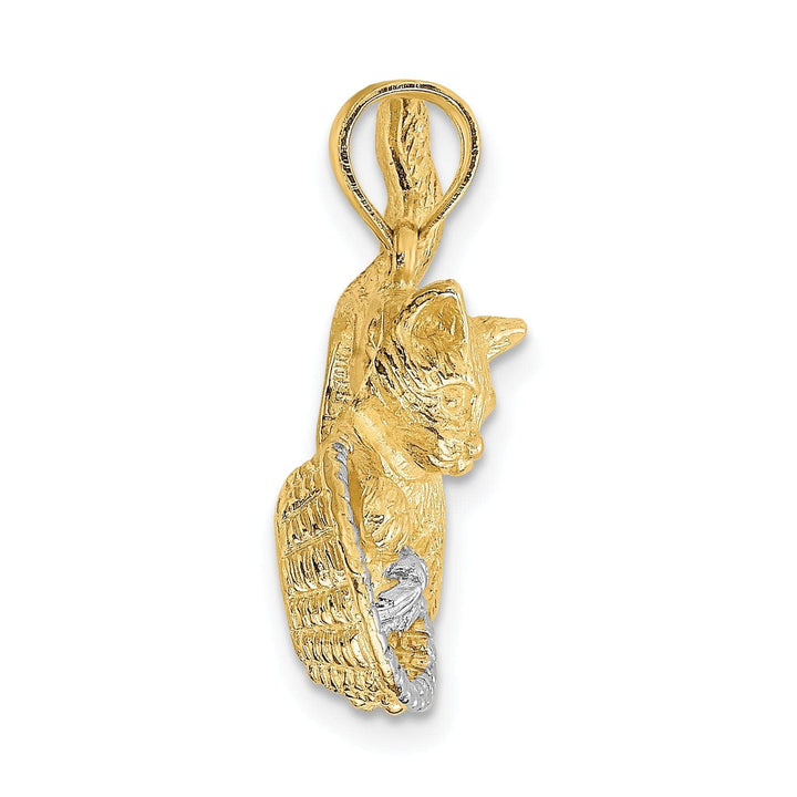 Lovely Rita's Pendants & Charms 14k Yellow Gold White Rhodium Textured Polished Finish Cat Playing with Yarn in Basket Design Charm Pendant