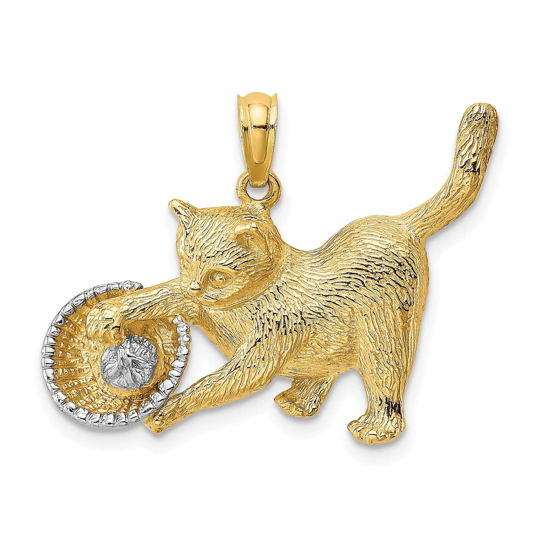 Lovely Rita's Pendants & Charms 14k Yellow Gold White Rhodium Textured Polished Finish Cat Playing with Yarn in Basket Design Charm Pendant