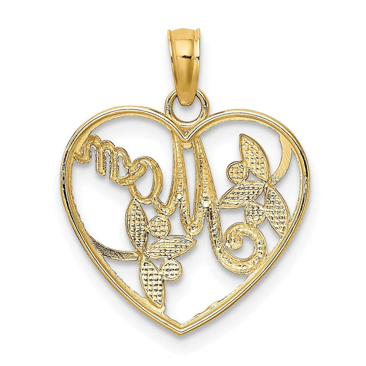 Lovely Rita's Pendants & Charms 14k Yellow Gold, White Rhodium Textured Polished Finish Heart with Leaf Design MOM Charm Pendant