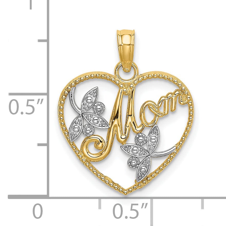 Lovely Rita's Pendants & Charms 14k Yellow Gold, White Rhodium Textured Polished Finish Heart with Leaf Design MOM Charm Pendant