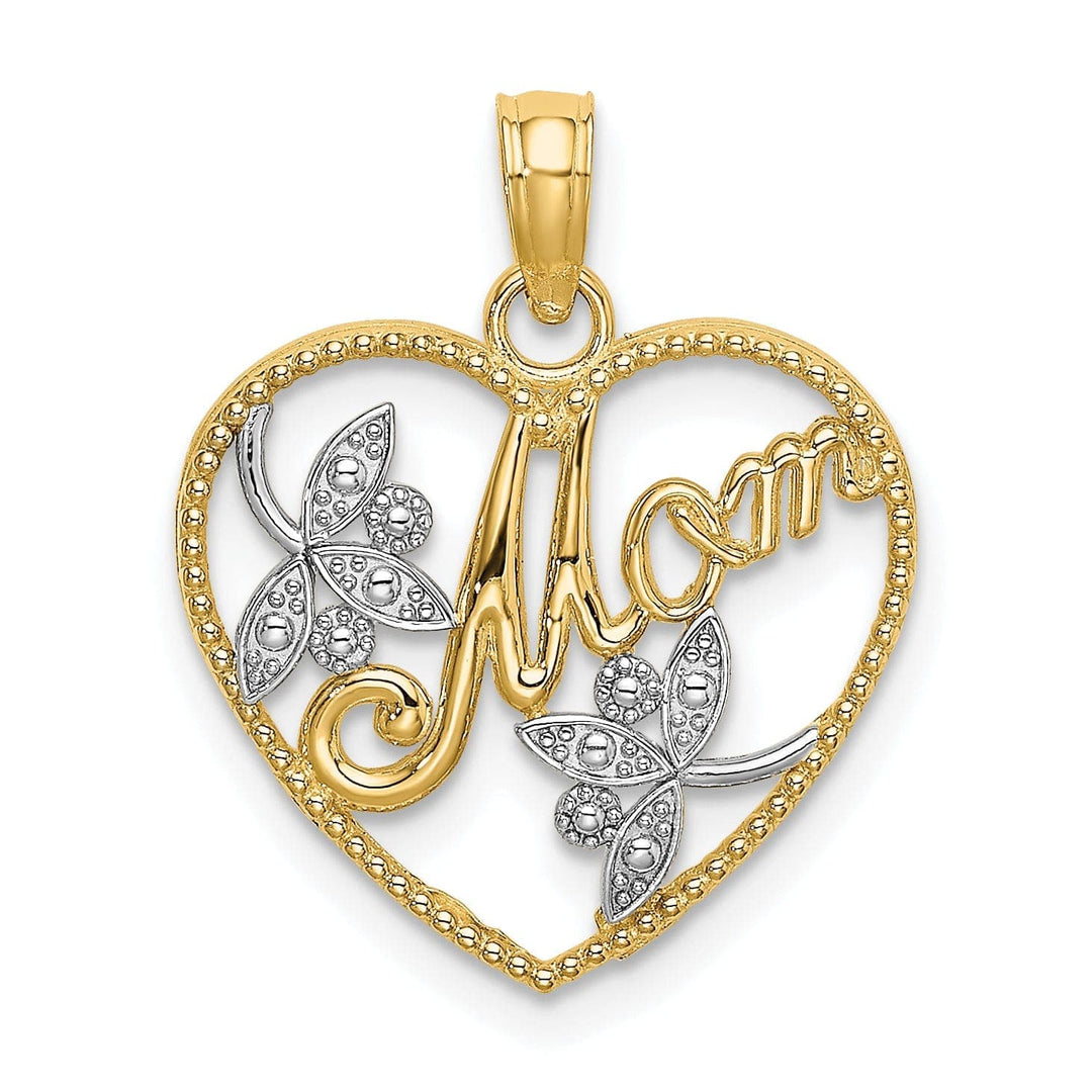 Lovely Rita's Pendants & Charms 14k Yellow Gold, White Rhodium Textured Polished Finish Heart with Leaf Design MOM Charm Pendant