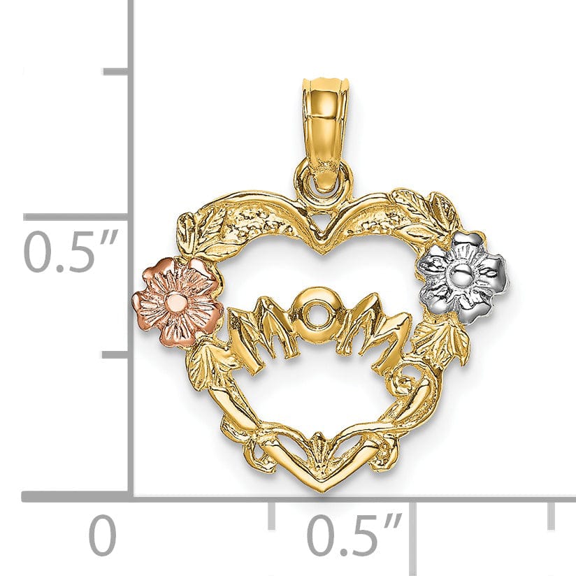 Lovely Rita's Pendants & Charms 14k Yellow Gold,White Rhodium Textured Polished Finish MOM Heart with Flowers Design Charm Pendant