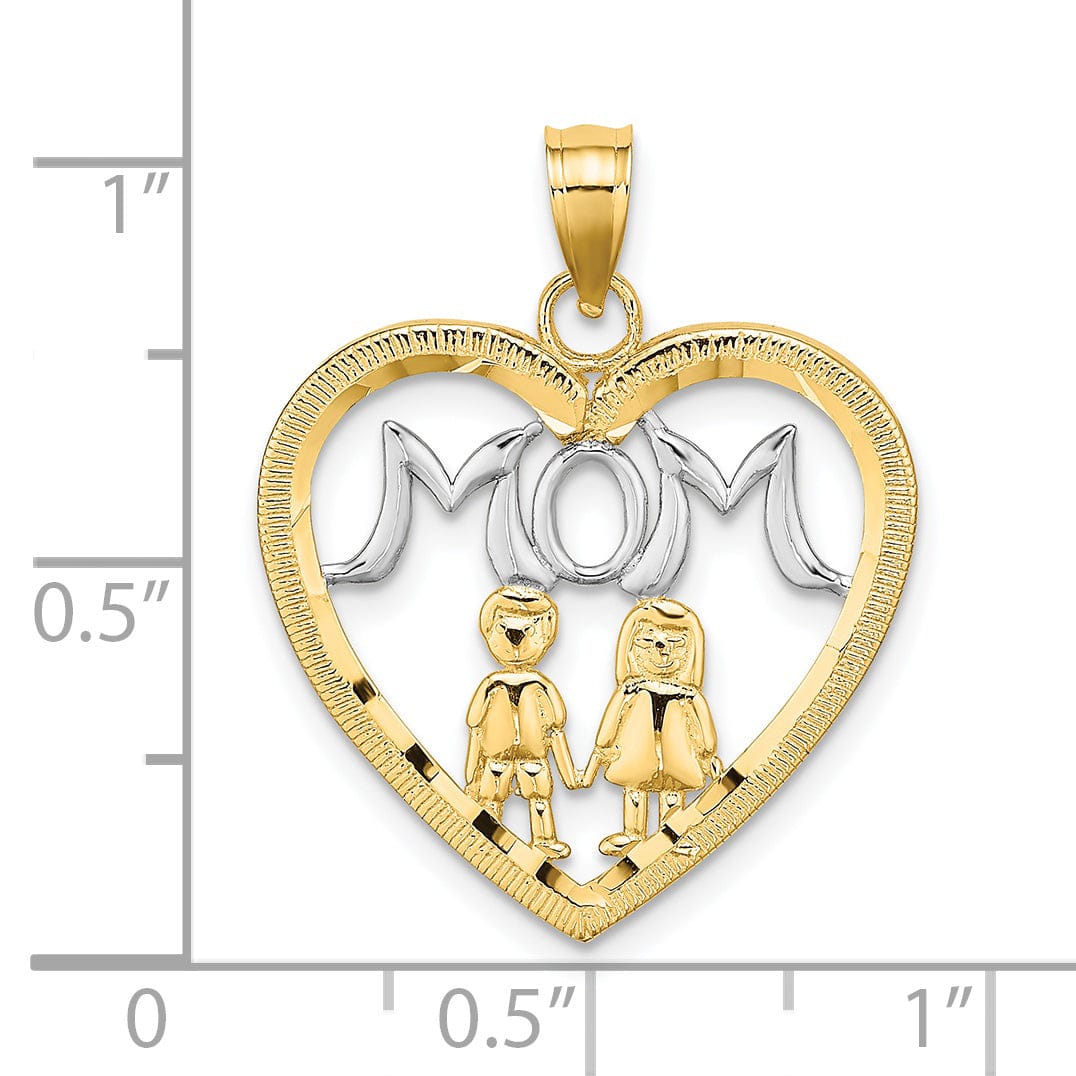 Lovely Rita's Pendants & Charms 14k Yellow Gold, White Rhodium Textured Polished Finish MOM with 2 Kids in Heart Design Charm Pendant