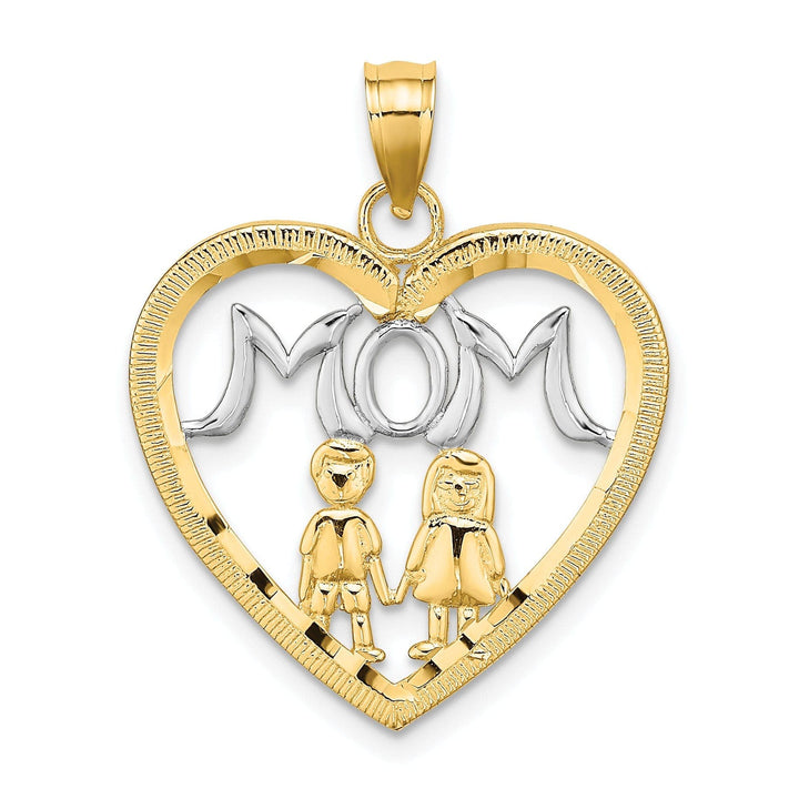 Lovely Rita's Pendants & Charms 14k Yellow Gold, White Rhodium Textured Polished Finish MOM with 2 Kids in Heart Design Charm Pendant