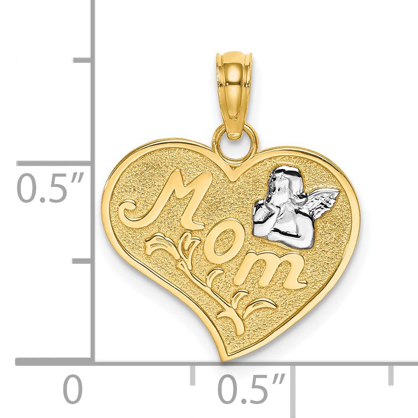 Lovely Rita's Pendants & Charms 14k Yellow Gold, White Rhodium Textured Polished Finish MOM with Angel in Heart Shape Design Charm Pendant