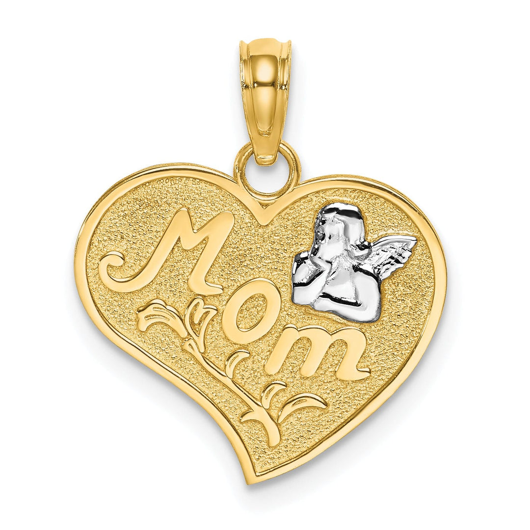 Lovely Rita's Pendants & Charms 14k Yellow Gold, White Rhodium Textured Polished Finish MOM with Angel in Heart Shape Design Charm Pendant