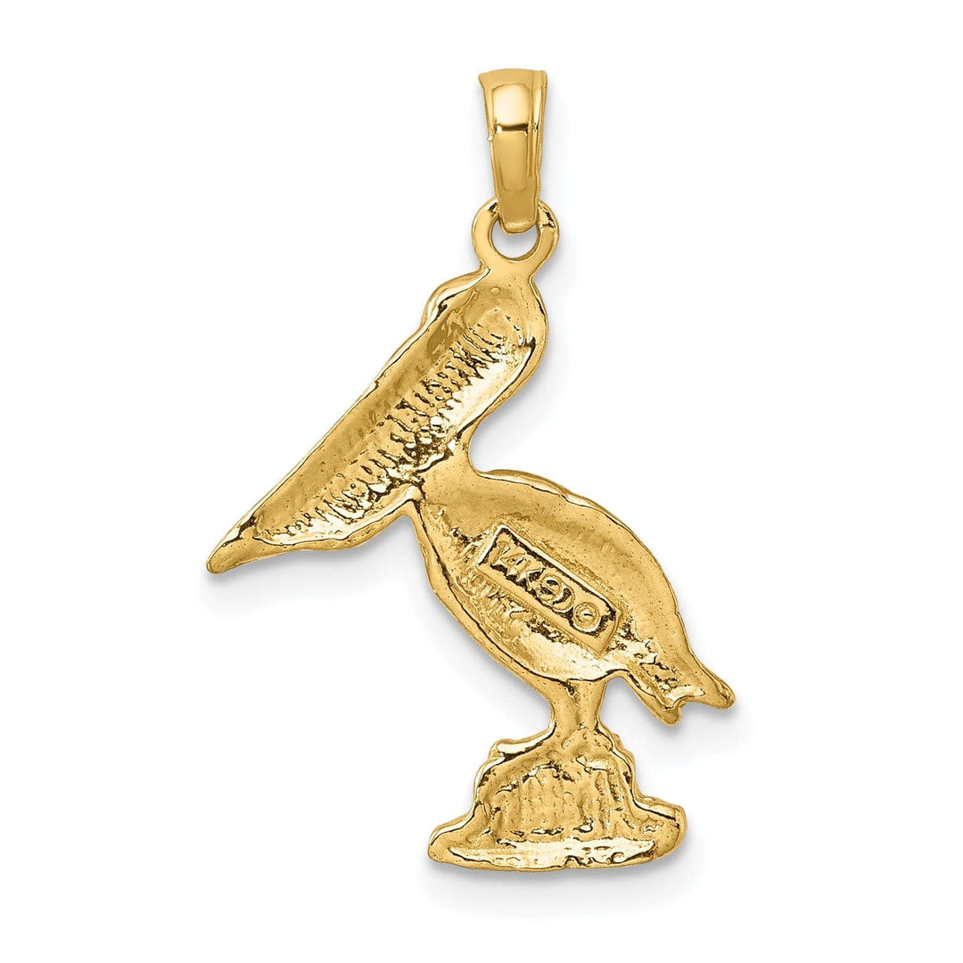 Lovely Rita's Pendants & Charms 14K Yellow Gold White Rhodium Textured Polished Finish Pelican Standing on Piling Charm Pendant