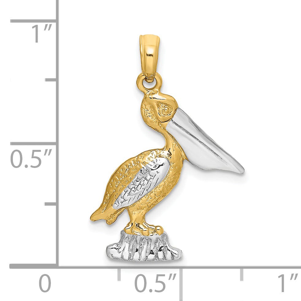 Lovely Rita's Pendants & Charms 14K Yellow Gold White Rhodium Textured Polished Finish Pelican Standing on Piling Charm Pendant
