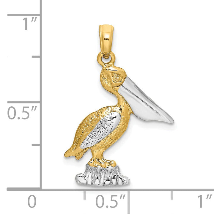 Lovely Rita's Pendants & Charms 14K Yellow Gold White Rhodium Textured Polished Finish Pelican Standing on Piling Charm Pendant
