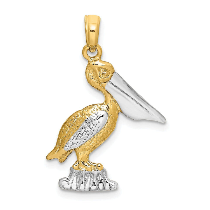 Lovely Rita's Pendants & Charms 14K Yellow Gold White Rhodium Textured Polished Finish Pelican Standing on Piling Charm Pendant