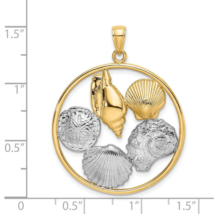 Lovely Rita's Pendants & Charms 14k Yellow Gold White Rhodium Textured Polished Finish Shell Cluster in Circle Design Charm Pendant