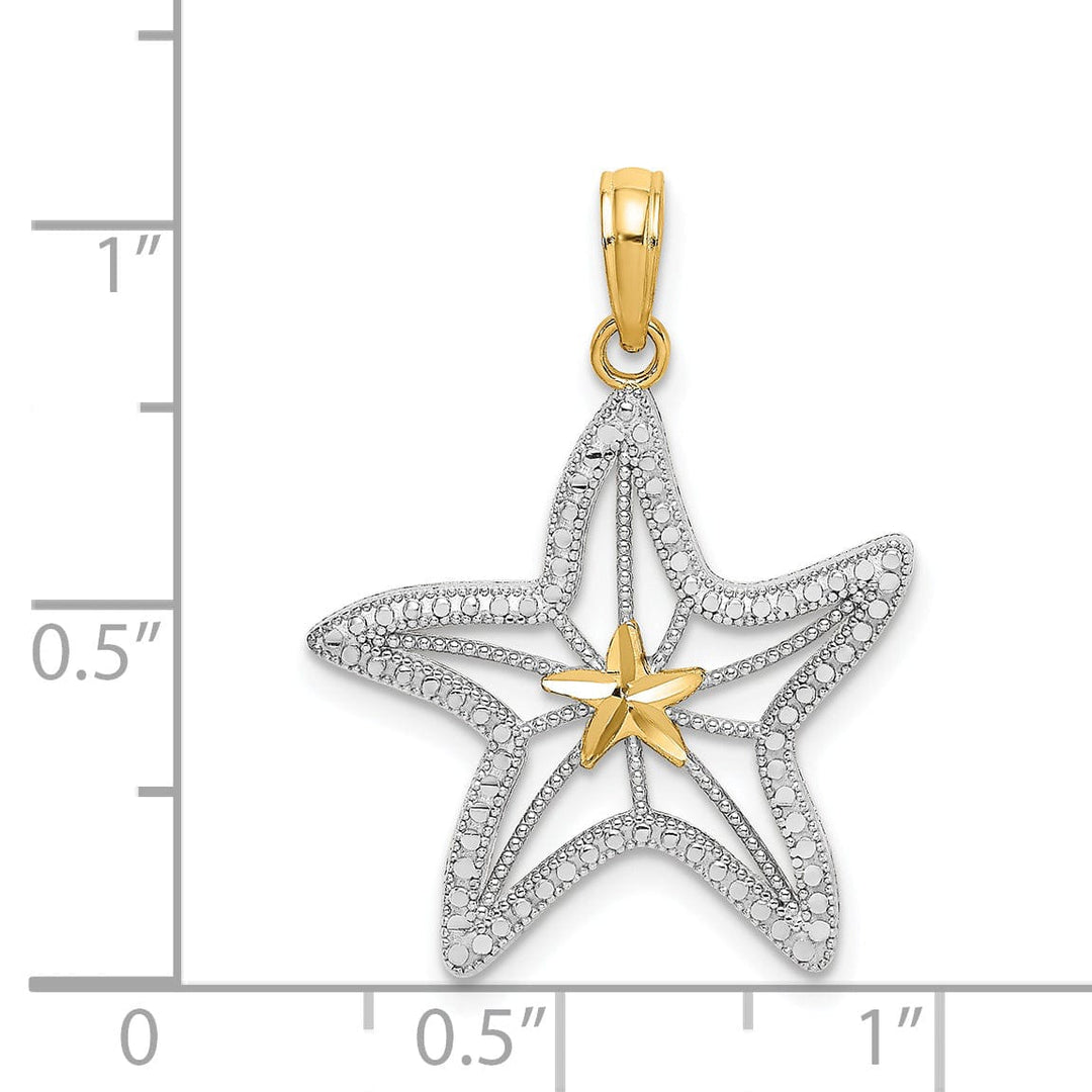 Lovely Rita's Pendants & Charms 14K Yellow Gold White Rhodium Textured Polished Finish Small Cut Out with Star Design Starfish Charm Pendant