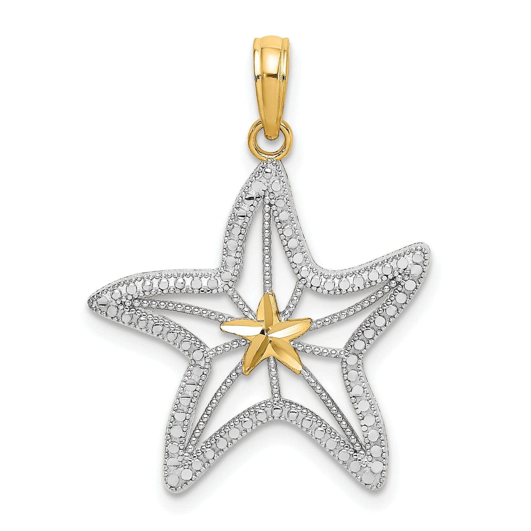 Lovely Rita's Pendants & Charms 14K Yellow Gold White Rhodium Textured Polished Finish Small Cut Out with Star Design Starfish Charm Pendant