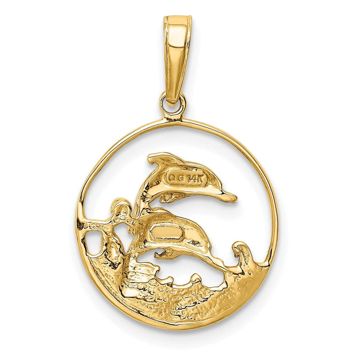 Lovely Rita's Pendants & Charms 14k Yellow Gold White Rhodium Textured Polished Finish Solid Double Dolphin Swimming Circle Design Charm Pendant