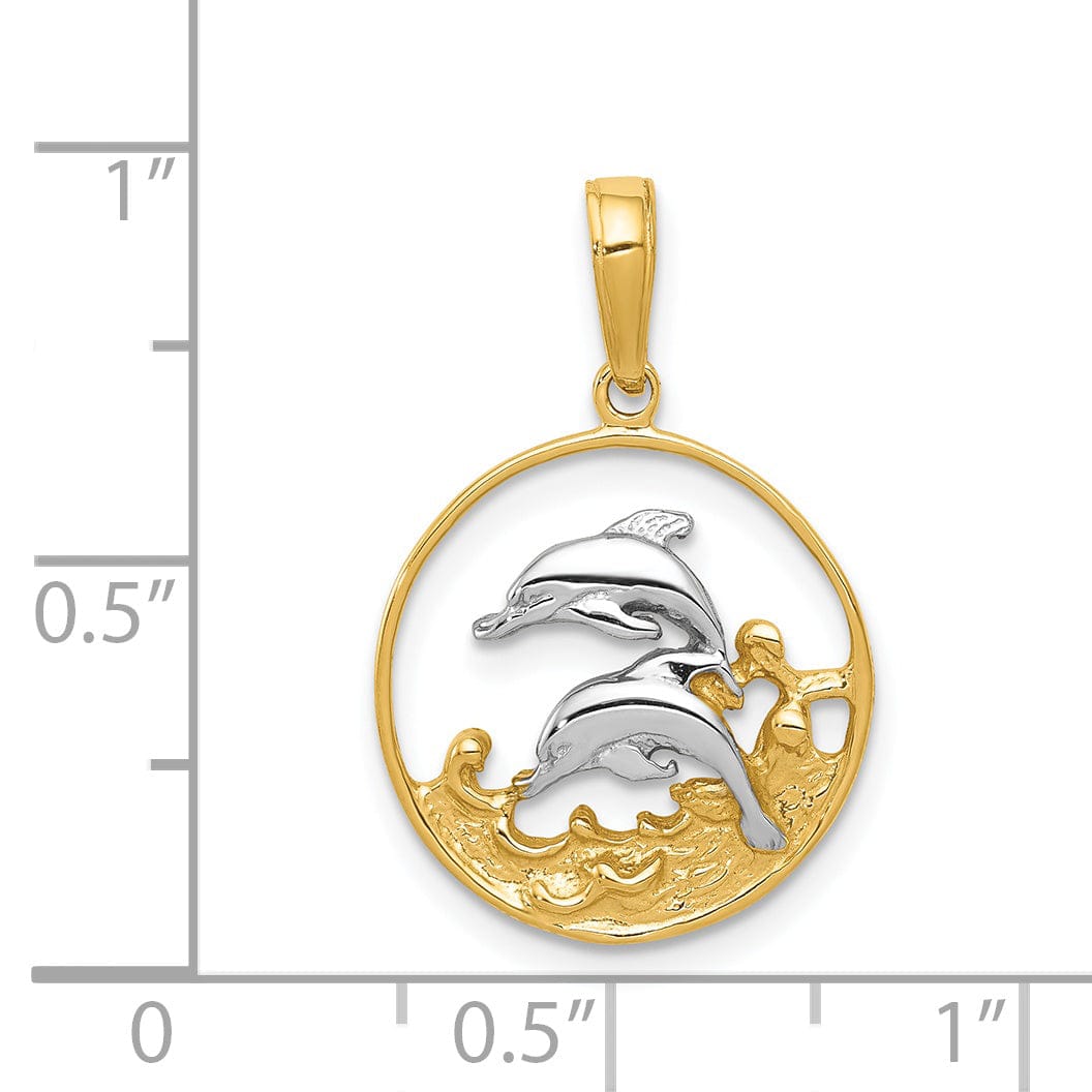 Lovely Rita's Pendants & Charms 14k Yellow Gold White Rhodium Textured Polished Finish Solid Double Dolphin Swimming Circle Design Charm Pendant