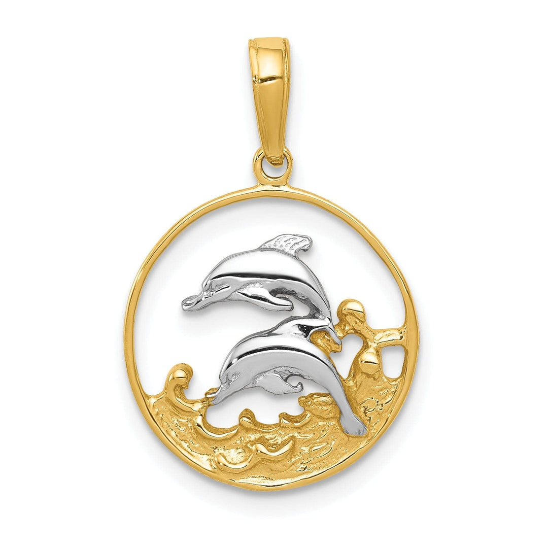 Lovely Rita's Pendants & Charms 14k Yellow Gold White Rhodium Textured Polished Finish Solid Double Dolphin Swimming Circle Design Charm Pendant