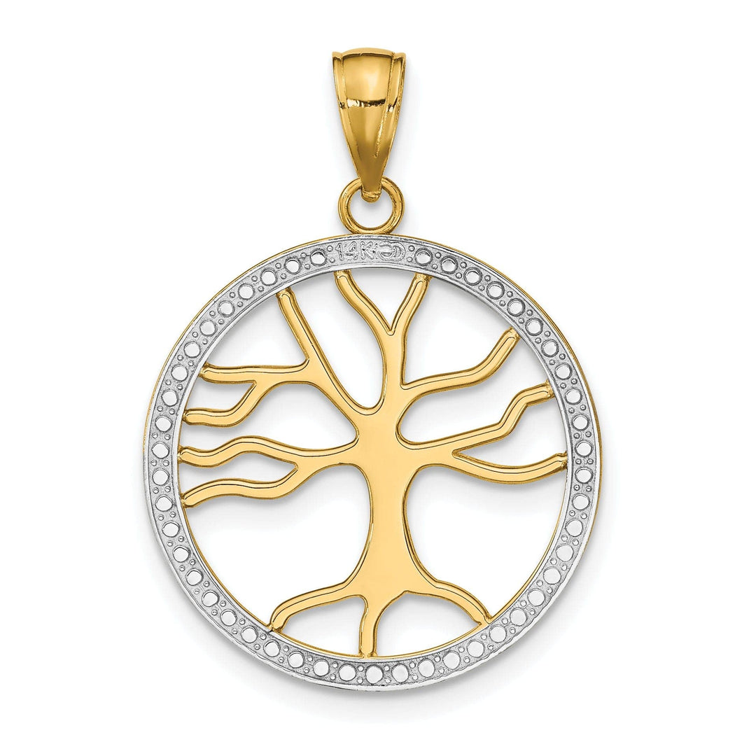 Lovely Rita's Pendants & Charms 14k Yellow Gold White Rhodium Textured Polished Finish Tree of Life in Large Size Round Shape Beaded Frame Charm Pendant