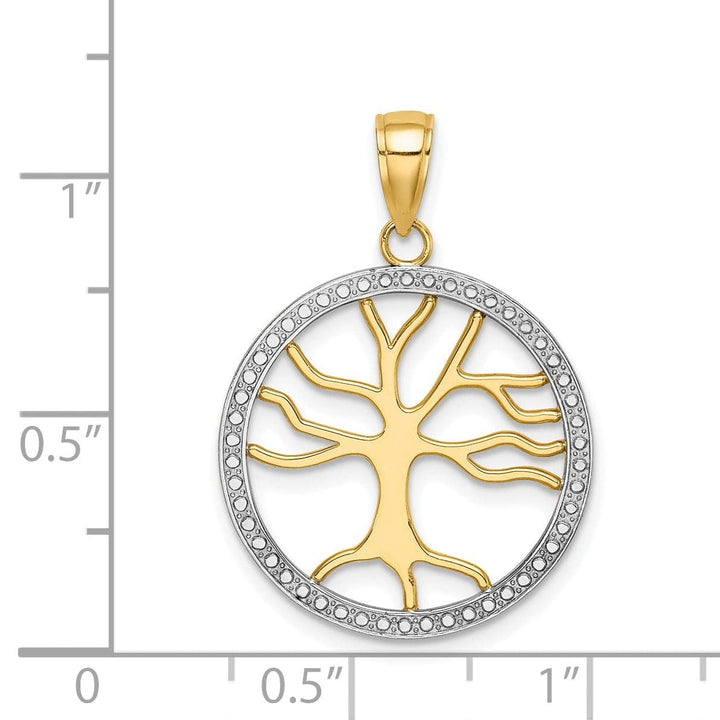 Lovely Rita's Pendants & Charms 14k Yellow Gold White Rhodium Textured Polished Finish Tree of Life in Large Size Round Shape Beaded Frame Charm Pendant