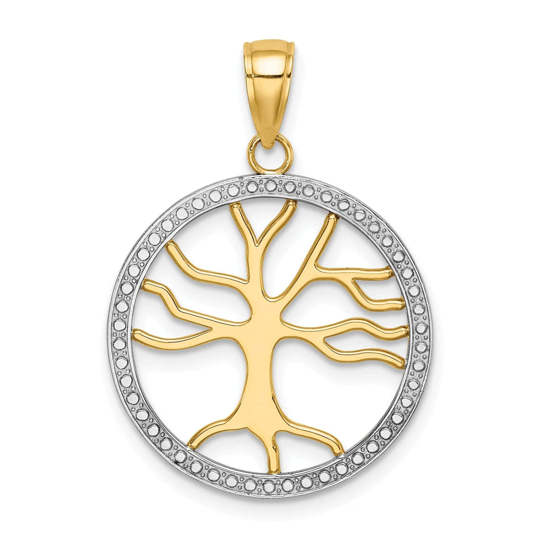 Lovely Rita's Pendants & Charms 14k Yellow Gold White Rhodium Textured Polished Finish Tree of Life in Large Size Round Shape Beaded Frame Charm Pendant