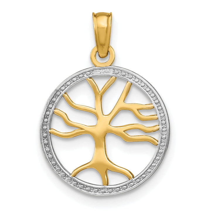 Lovely Rita's Pendants & Charms 14k Yellow Gold White Rhodium Textured Polished Finish Tree of Life in Round Shape Beaded Frame Charm Pendant