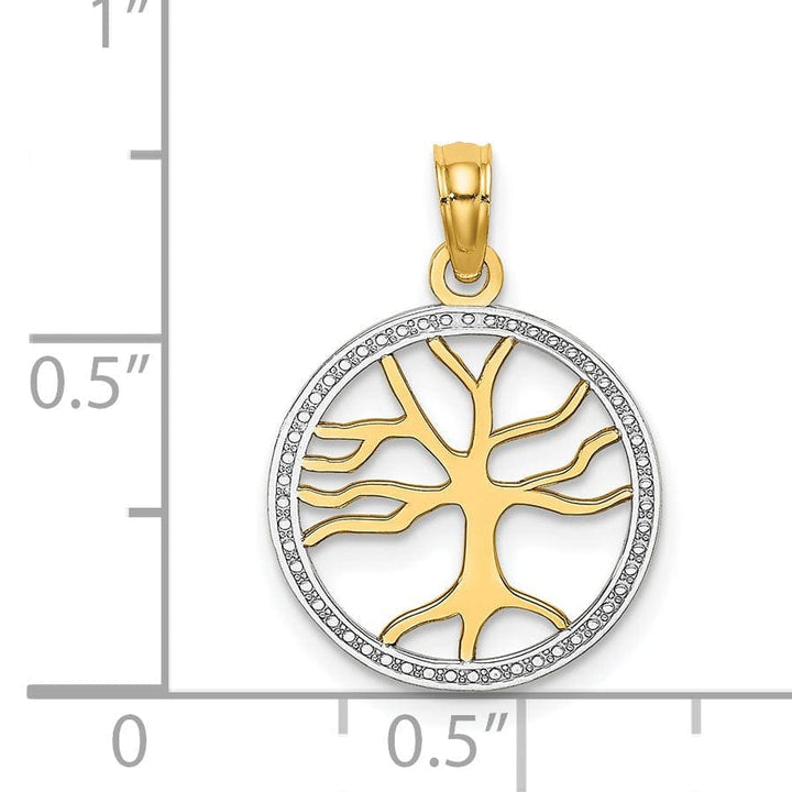 Lovely Rita's Pendants & Charms 14k Yellow Gold White Rhodium Textured Polished Finish Tree of Life in Round Shape Beaded Frame Charm Pendant