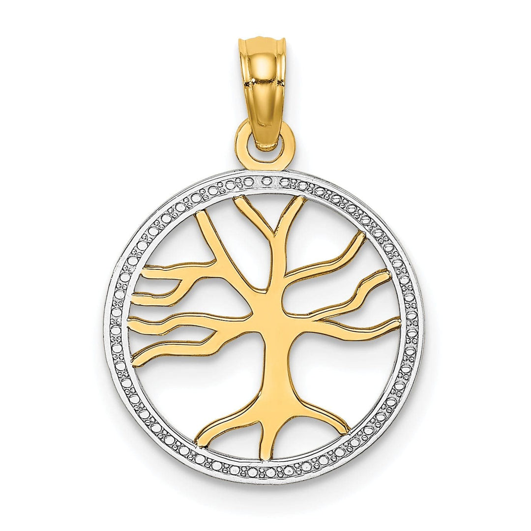 Lovely Rita's Pendants & Charms 14k Yellow Gold White Rhodium Textured Polished Finish Tree of Life in Round Shape Beaded Frame Charm Pendant