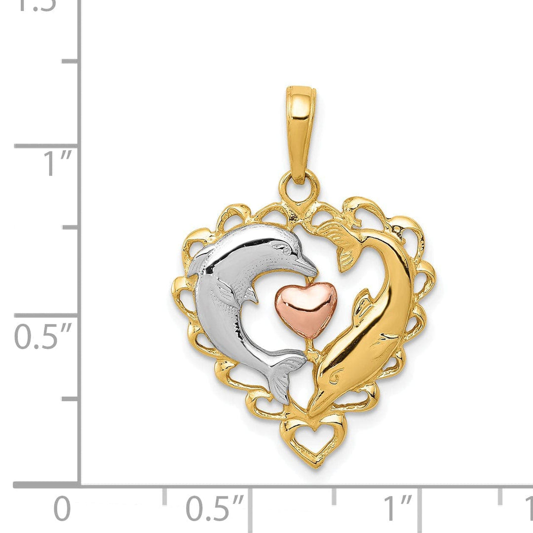 Lovely Rita's Pendants & Charms 14K Yellow Gold White Rhodium Two Dolphins In Heart Shape Design Charm Pendant