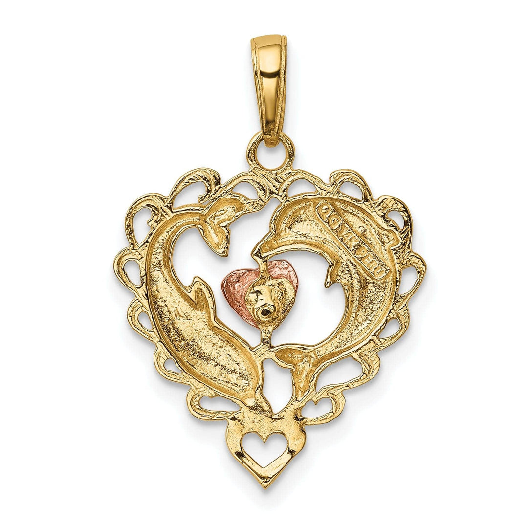 Lovely Rita's Pendants & Charms 14K Yellow Gold White Rhodium Two Dolphins In Heart Shape Design Charm Pendant