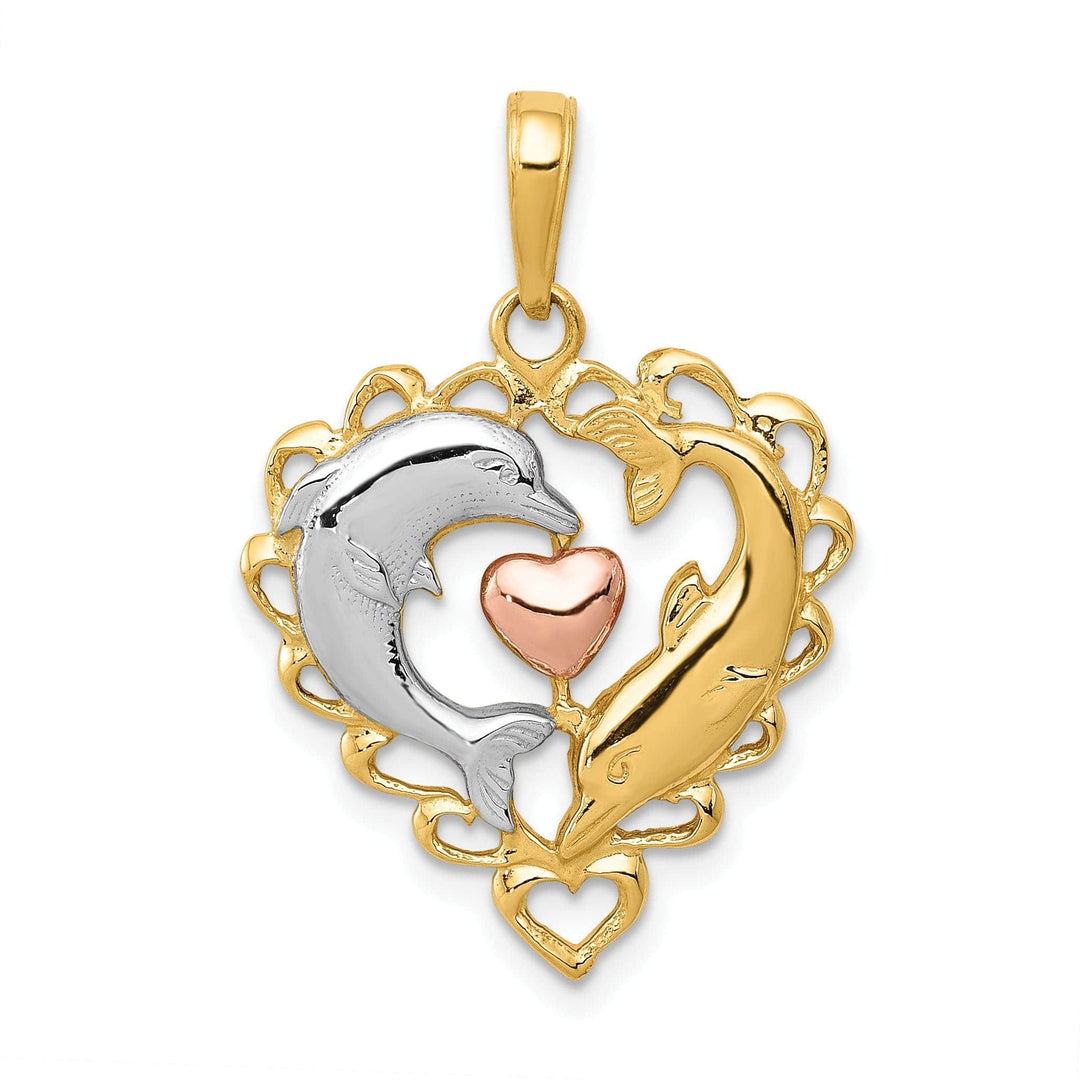 Lovely Rita's Pendants & Charms 14K Yellow Gold White Rhodium Two Dolphins In Heart Shape Design Charm Pendant