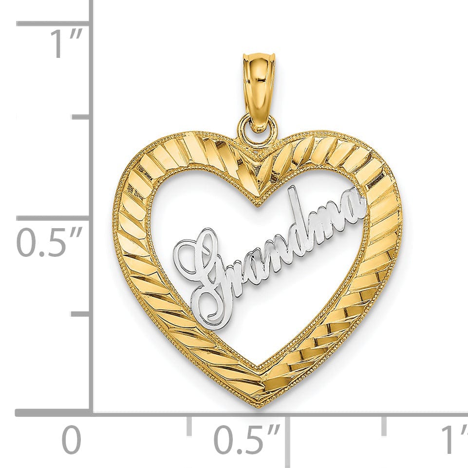 Lovely Rita's Pendants & Charms 14k Yellow Gold, White RhodiumPolished Diamond Cut Finish Heart Shape Script GRANDMA Charm Pendant