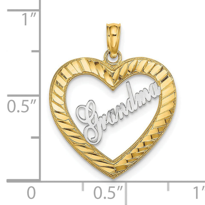Lovely Rita's Pendants & Charms 14k Yellow Gold, White RhodiumPolished Diamond Cut Finish Heart Shape Script GRANDMA Charm Pendant
